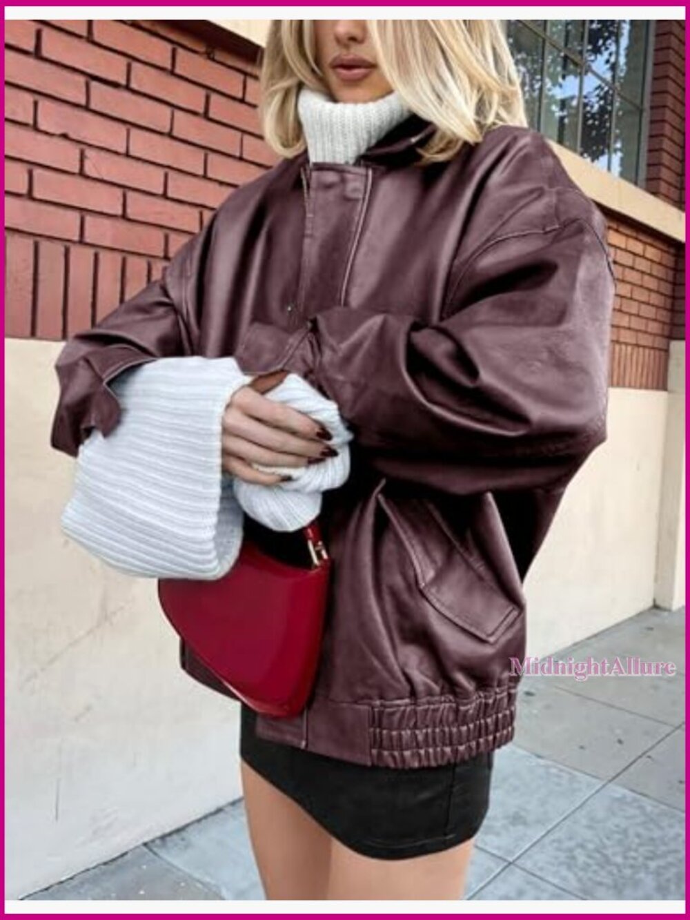 Oversized Faux Leather Motorcycle Jacket with Zipper Closure Long Sleeve - Picture 5 of 7